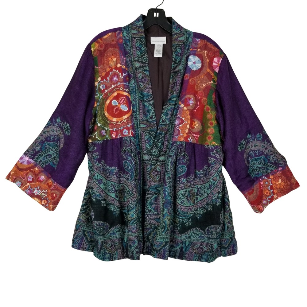 Soft Surroundings Wool Topper Jacket Womens XL Purple Paisley Embroidered Boho